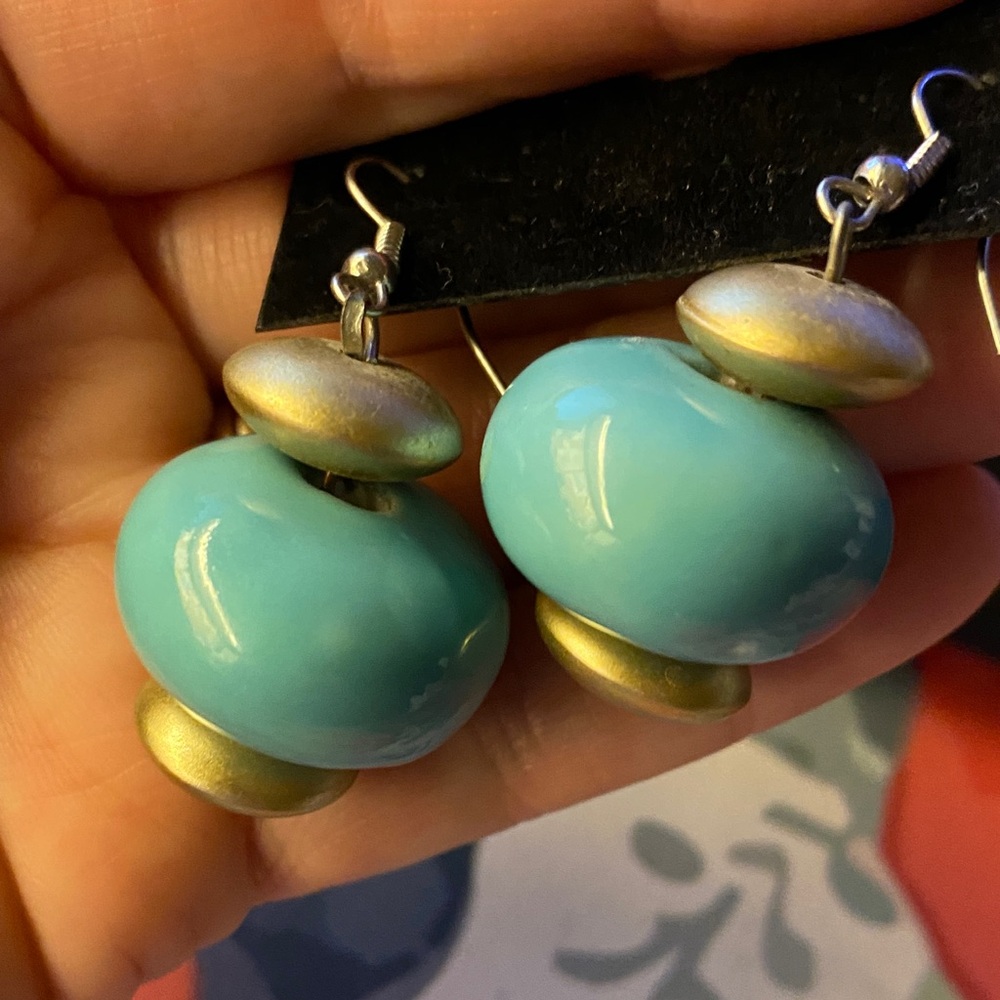 Turquoise Porcelain Bead Drop Earrings with Antique Gold Accents - Picture 2 of 3